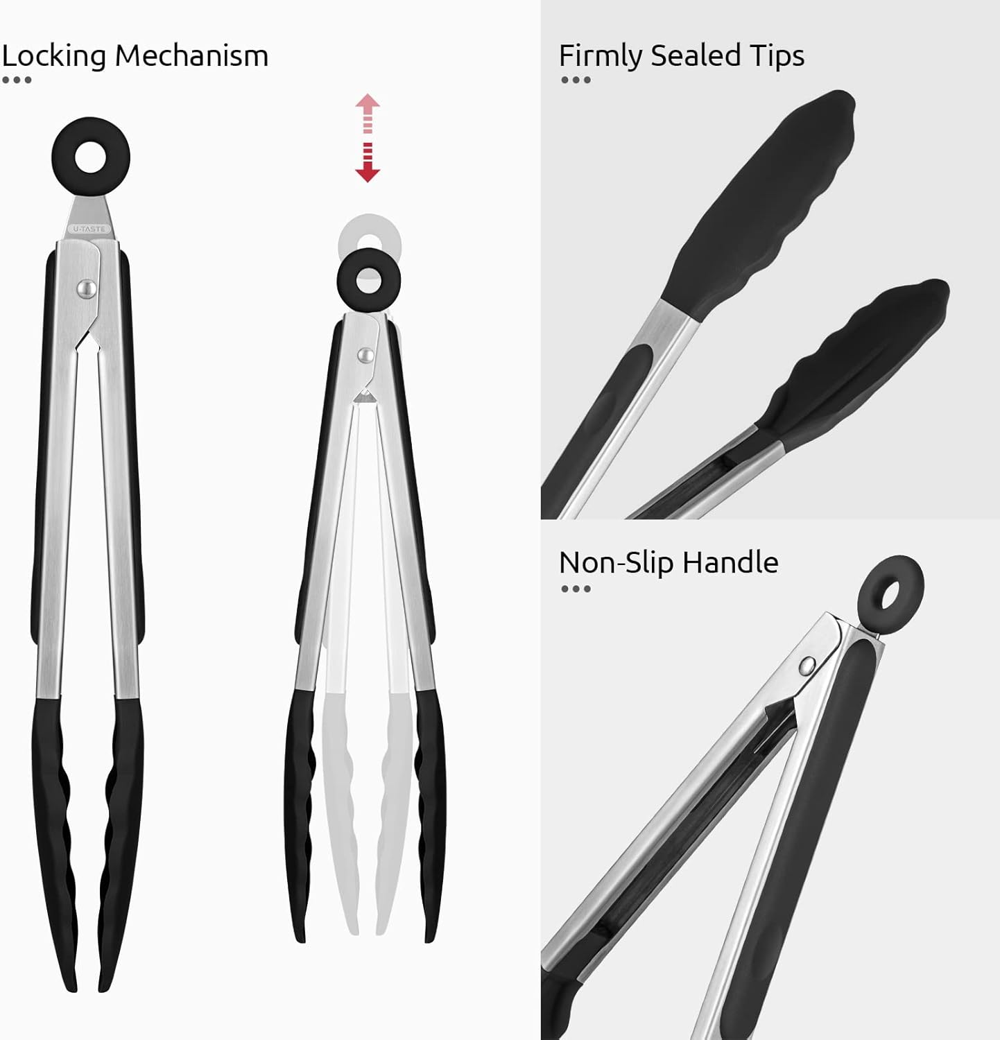 600ºF Heat Resistant Kitchen Tongs: 9 inch Silicone Cooking Tong with Firm Sealed Non Stick Rubber Tips & Silicon Coated 18/8 Stainless Steel Handle & Smooth Locking for Serving Salad Black