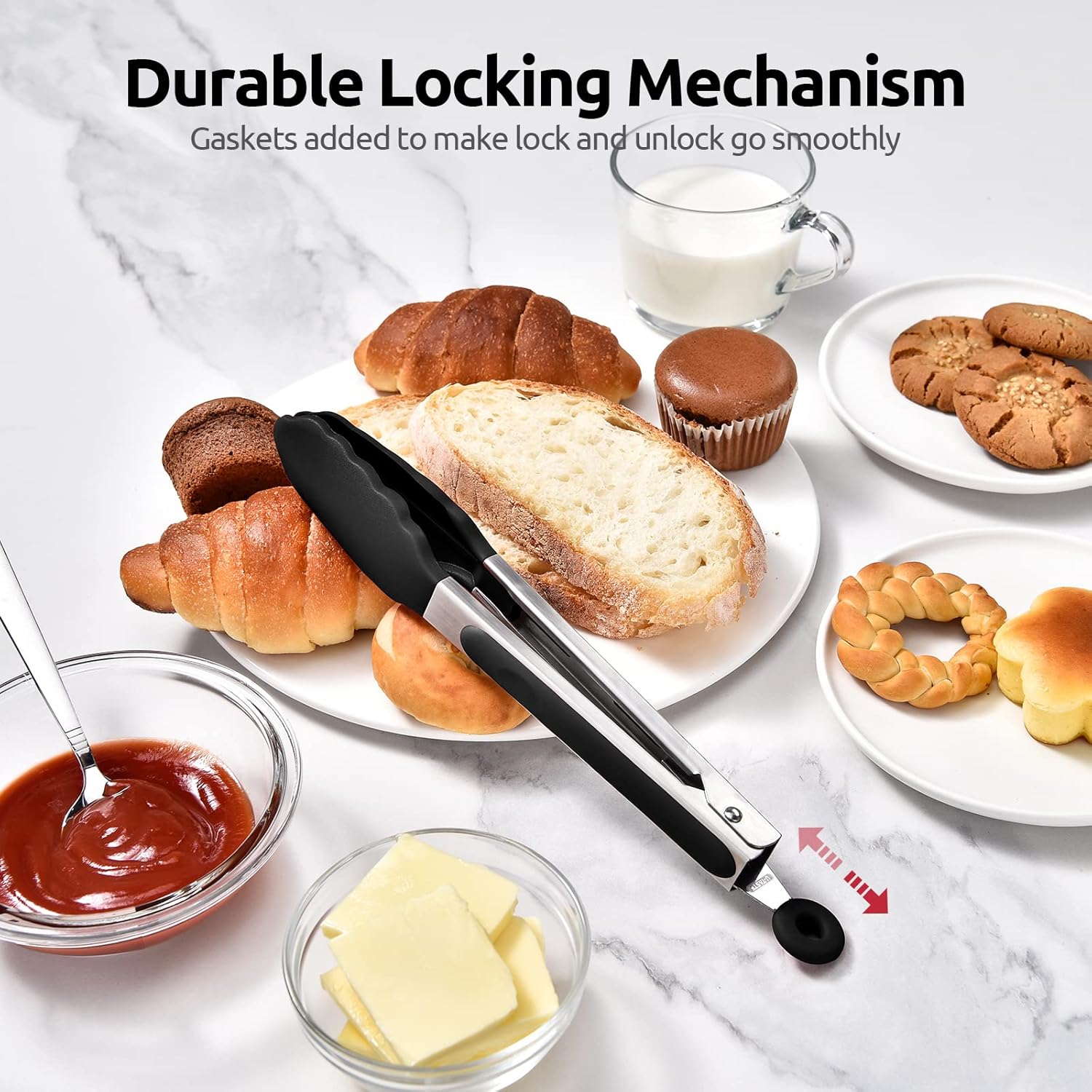 600ºF Heat Resistant Kitchen Tongs: 9 inch Silicone Cooking Tong with Firm Sealed Non Stick Rubber Tips & Silicon Coated 18/8 Stainless Steel Handle & Smooth Locking for Serving Salad Black