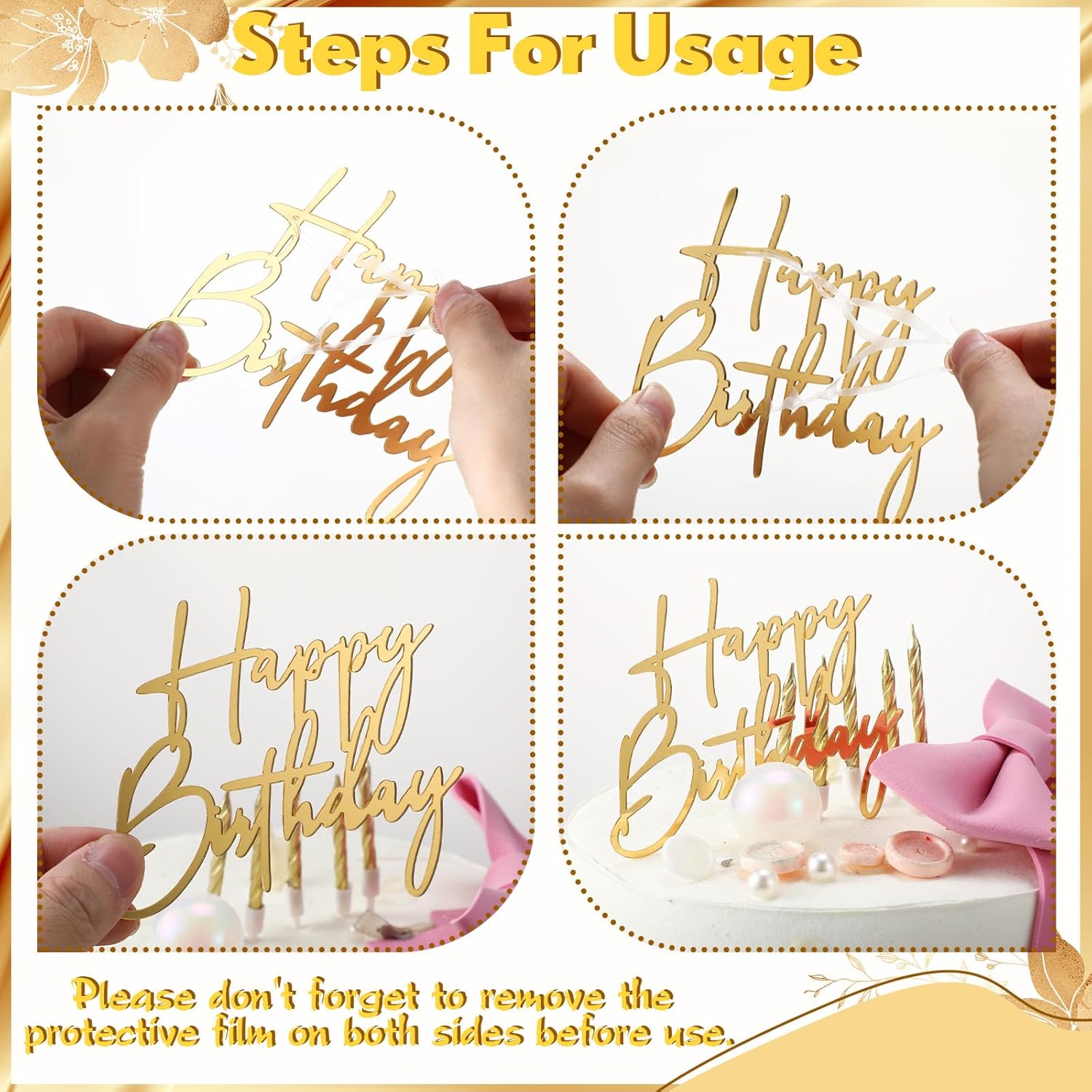 24 Pieces Gold Happy Birthday Cake Toppers Mirror Acrylic Cupcake Topper Happy Birthday Sign for Cake Side Cupcake Decorations, 6 Styles