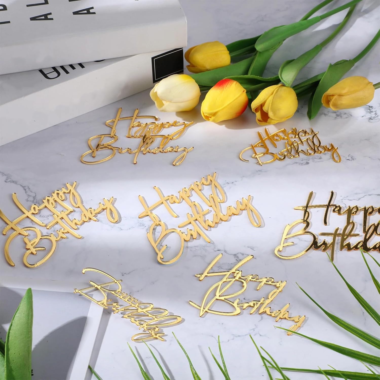 24 Pieces Gold Happy Birthday Cake Toppers Mirror Acrylic Cupcake Topper Happy Birthday Sign for Cake Side Cupcake Decorations, 6 Styles
