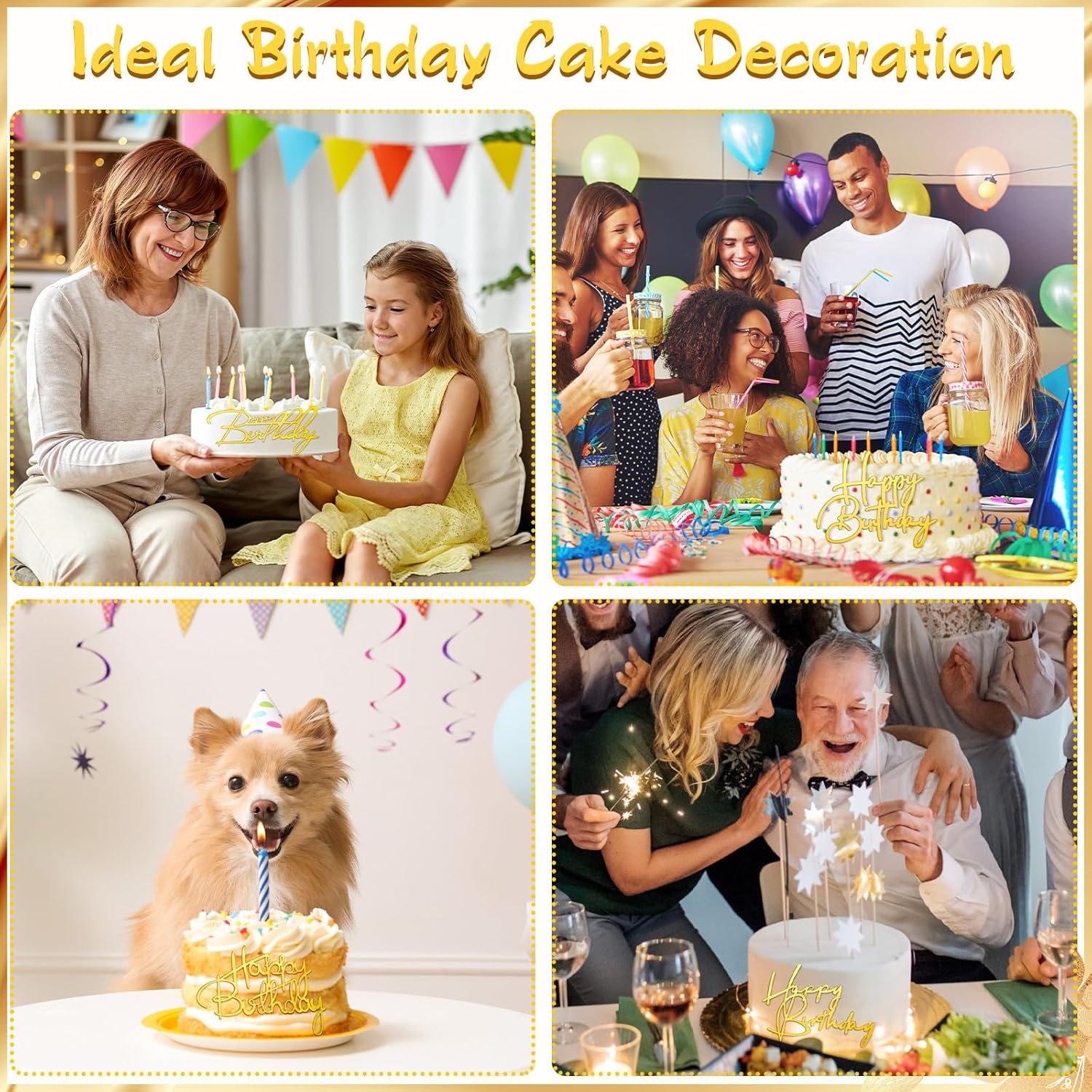 24 Pieces Gold Happy Birthday Cake Toppers Mirror Acrylic Cupcake Topper Happy Birthday Sign for Cake Side Cupcake Decorations, 6 Styles