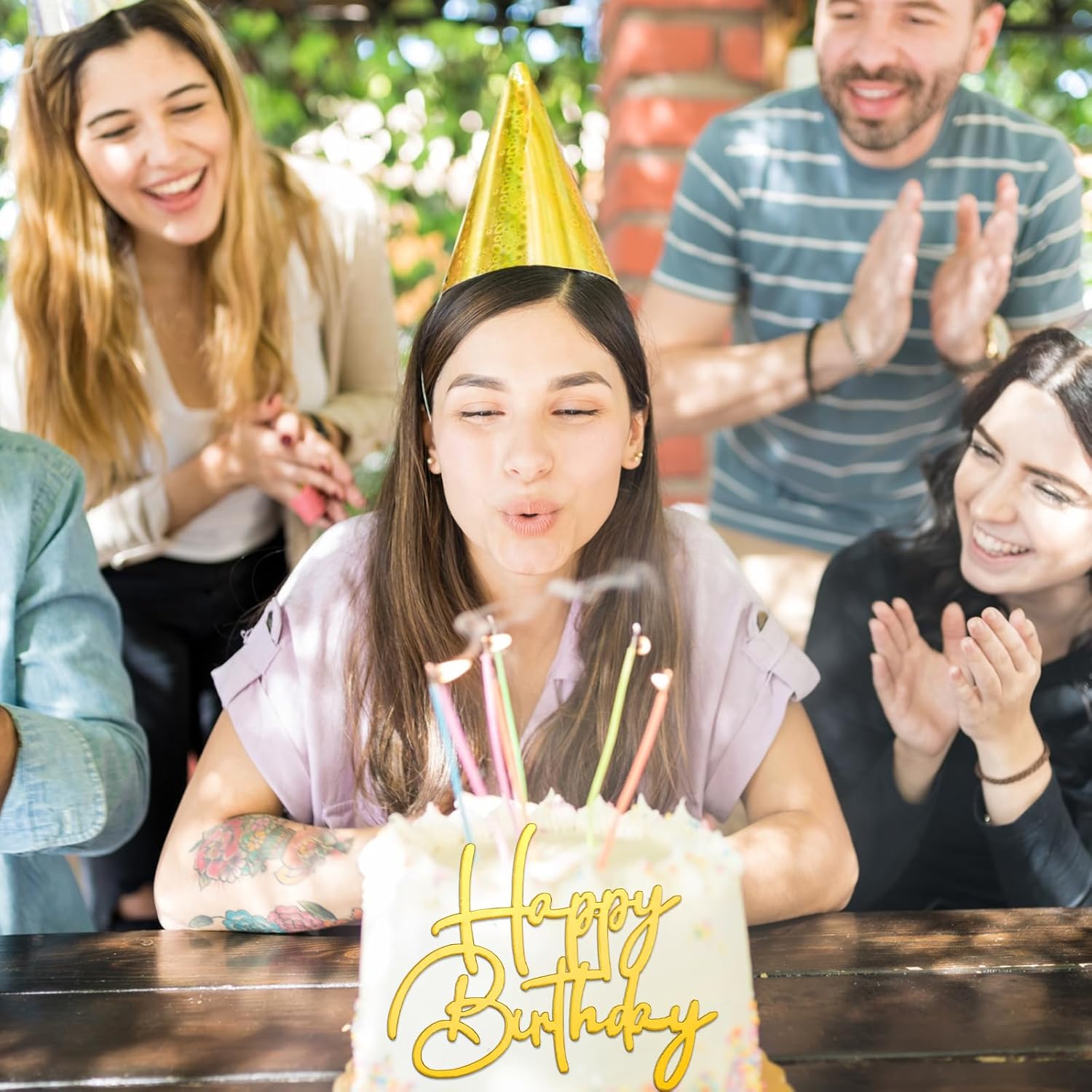 24 Pieces Gold Happy Birthday Cake Toppers Mirror Acrylic Cupcake Topper Happy Birthday Sign for Cake Side Cupcake Decorations, 6 Styles