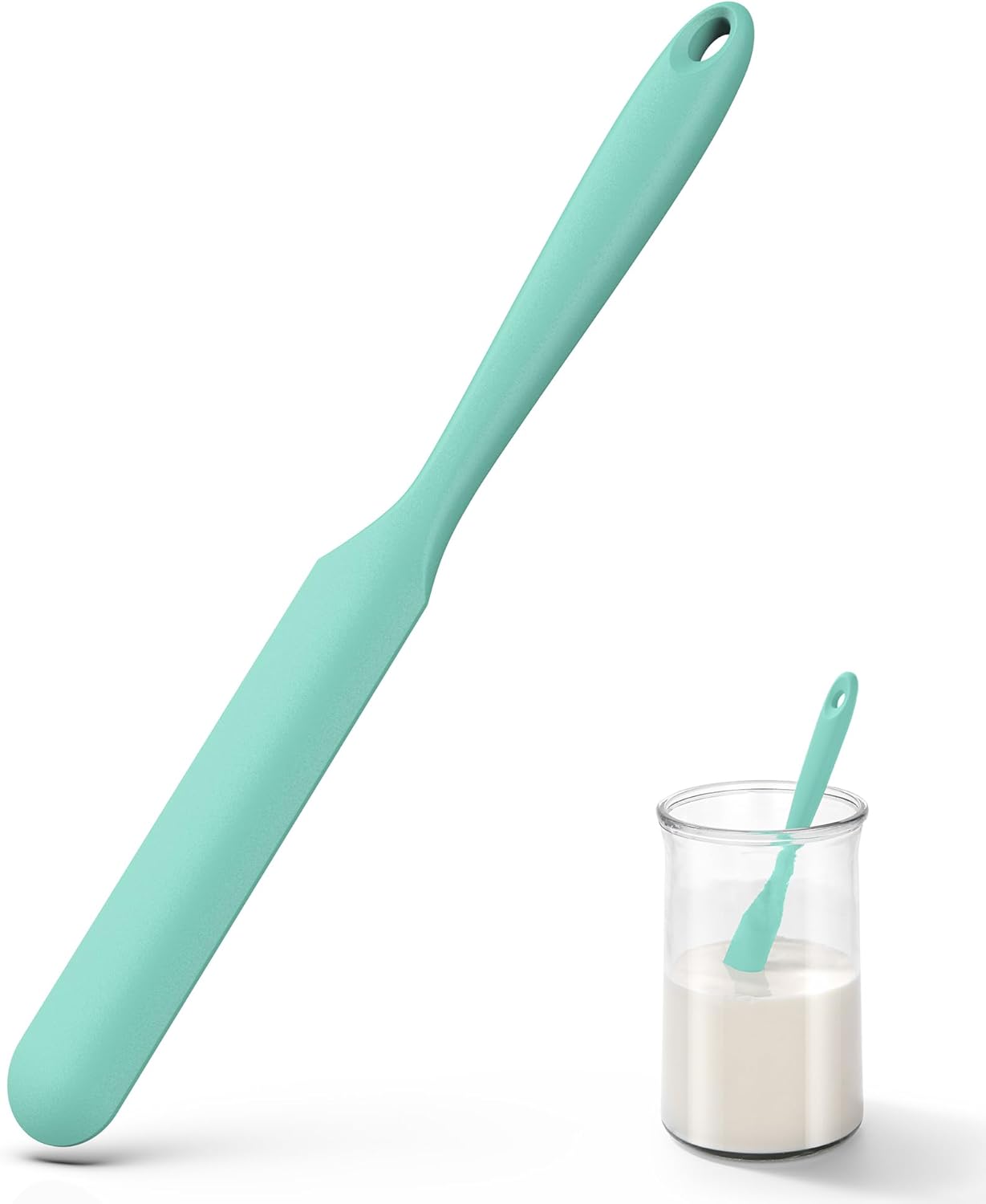 Skinny Silicone Jar Spatula: 600ºF Heat-Resistant Food-Grade 10in Long Narrow Sourdough Stirring Stick, Seamless Flexible Peanut Butter Spreader for Scraping Icing Bread Cream, Jam Aqua Sky