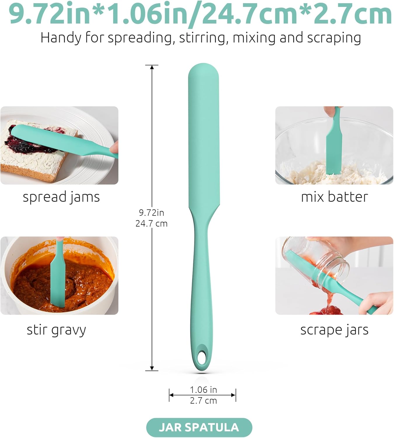 Skinny Silicone Jar Spatula: 600ºF Heat-Resistant Food-Grade 10in Long Narrow Sourdough Stirring Stick, Seamless Flexible Peanut Butter Spreader for Scraping Icing Bread Cream, Jam Aqua Sky