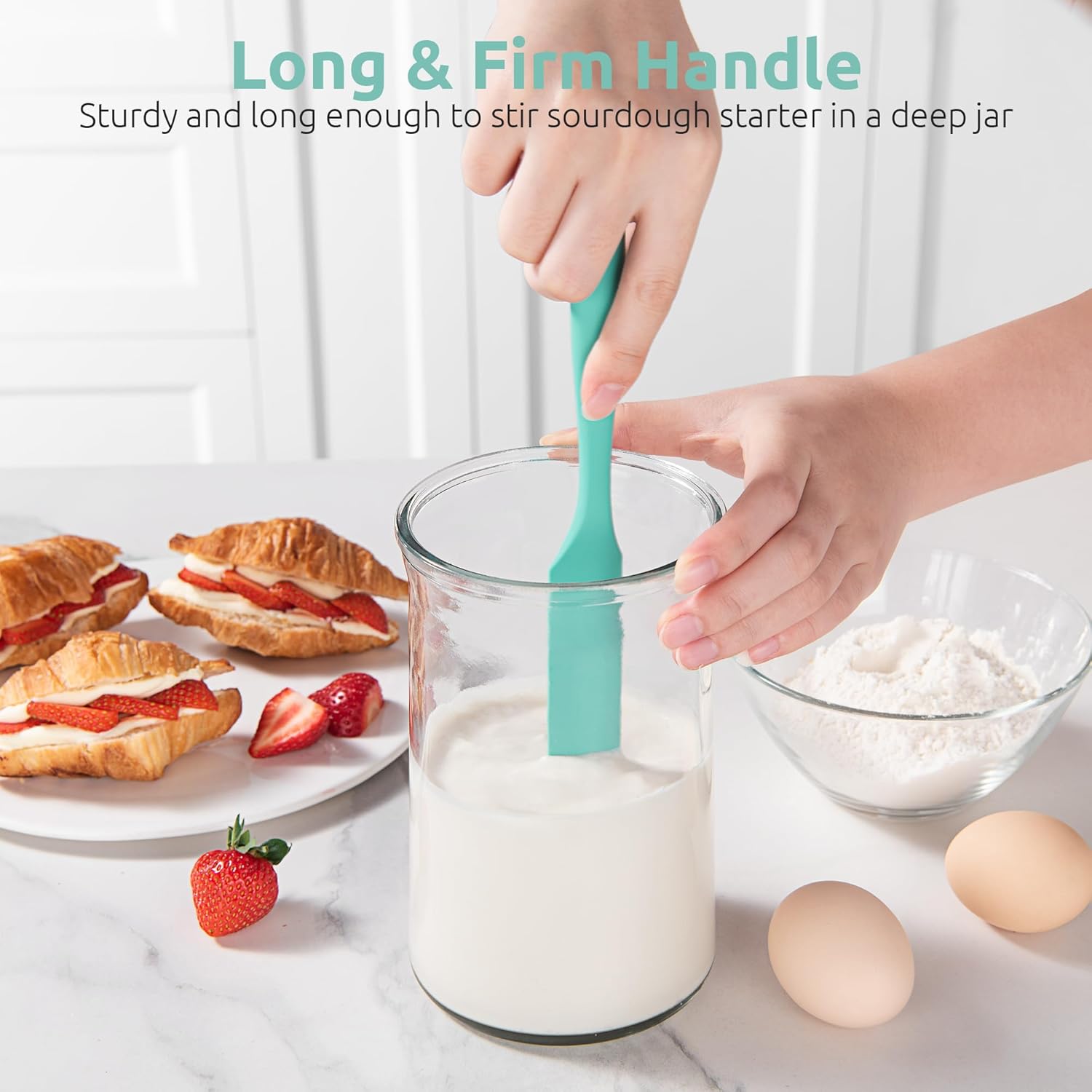 Skinny Silicone Jar Spatula: 600ºF Heat-Resistant Food-Grade 10in Long Narrow Sourdough Stirring Stick, Seamless Flexible Peanut Butter Spreader for Scraping Icing Bread Cream, Jam Aqua Sky