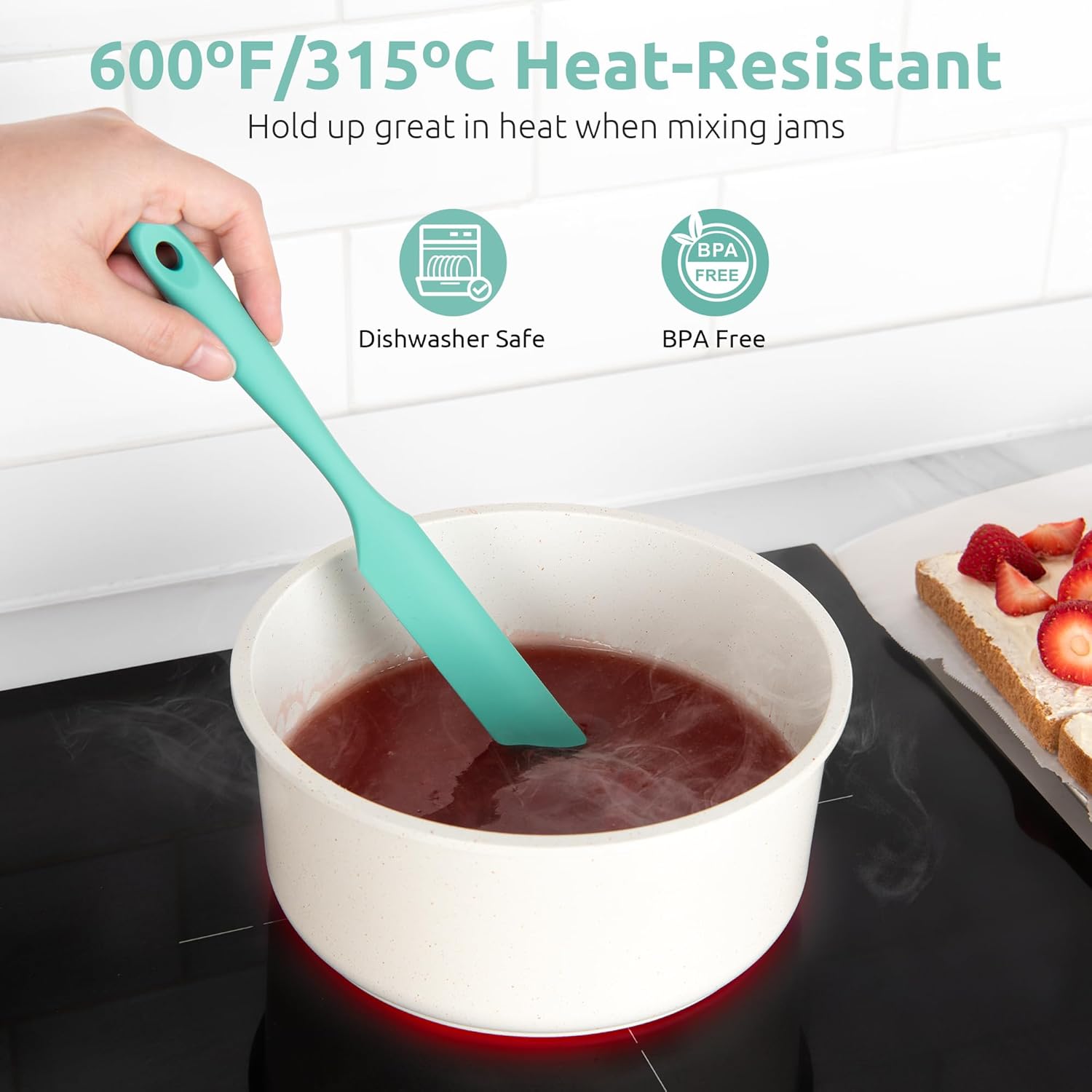 Skinny Silicone Jar Spatula: 600ºF Heat-Resistant Food-Grade 10in Long Narrow Sourdough Stirring Stick, Seamless Flexible Peanut Butter Spreader for Scraping Icing Bread Cream, Jam Aqua Sky
