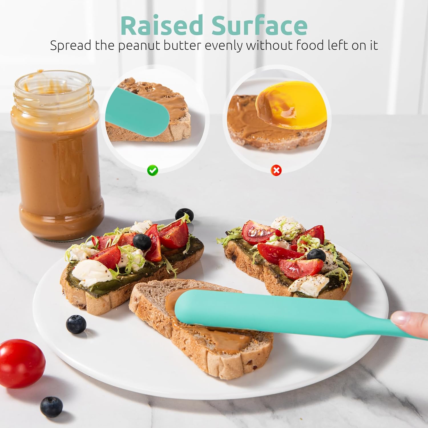 Skinny Silicone Jar Spatula: 600ºF Heat-Resistant Food-Grade 10in Long Narrow Sourdough Stirring Stick, Seamless Flexible Peanut Butter Spreader for Scraping Icing Bread Cream, Jam Aqua Sky