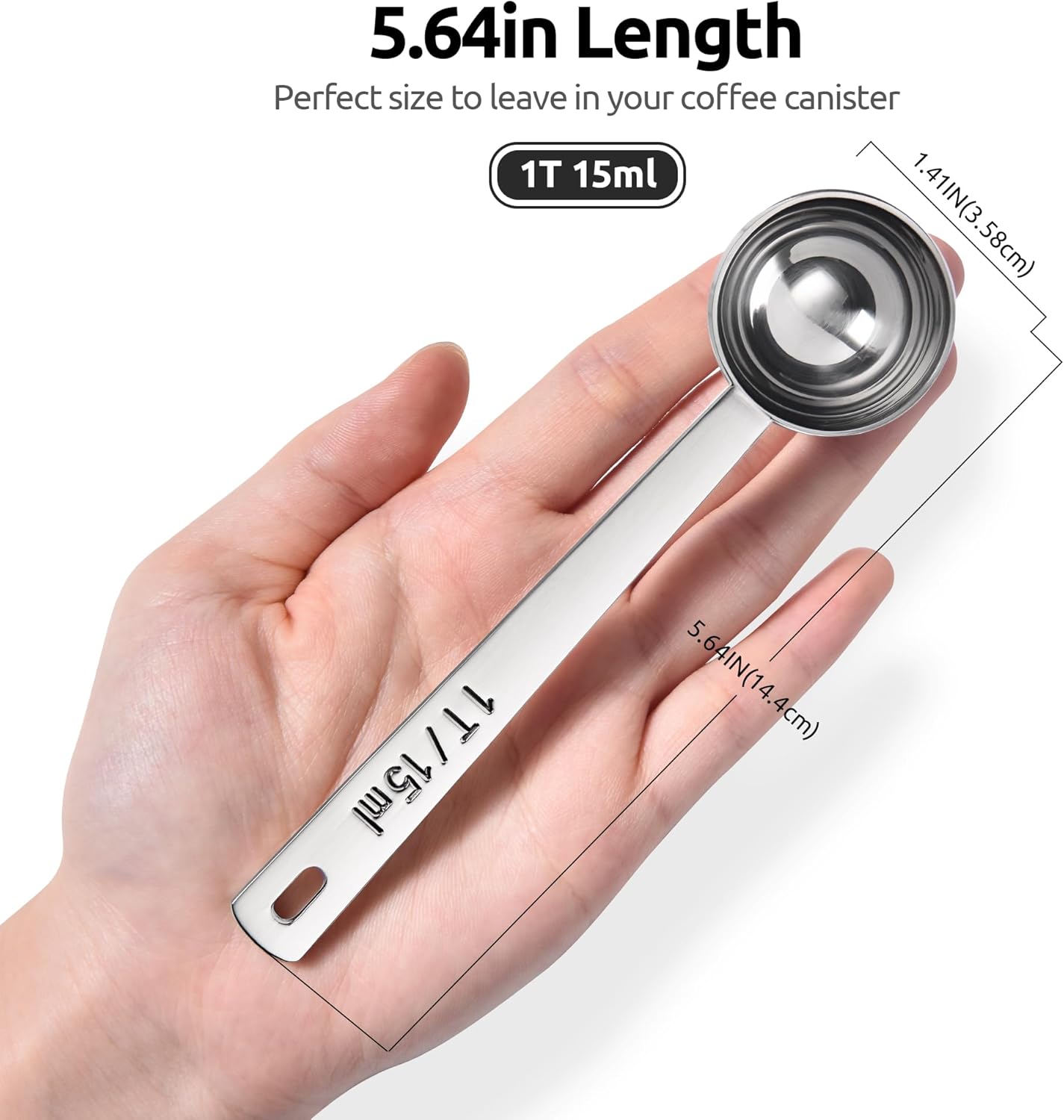 Coffee Scoop 1 Tablespoon: 18/8 Stainless Steel Measuring Scooper for Ground Coffee, Bean, Powder, Espresso, 4.3in Long Handle Metal Measure Spoon for Canister, Jar 1Tbsp/15ml