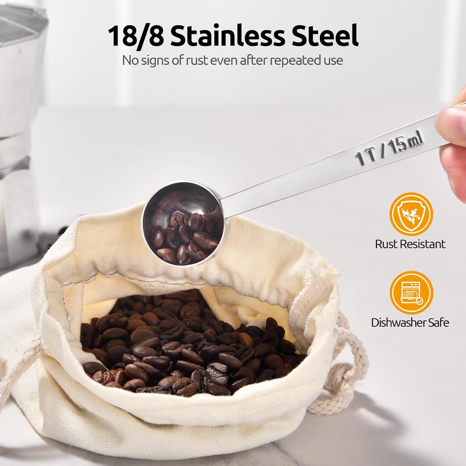 Coffee Scoop 1 Tablespoon: 18/8 Stainless Steel Measuring Scooper for Ground Coffee, Bean, Powder, Espresso, 4.3in Long Handle Metal Measure Spoon for Canister, Jar 1Tbsp/15ml