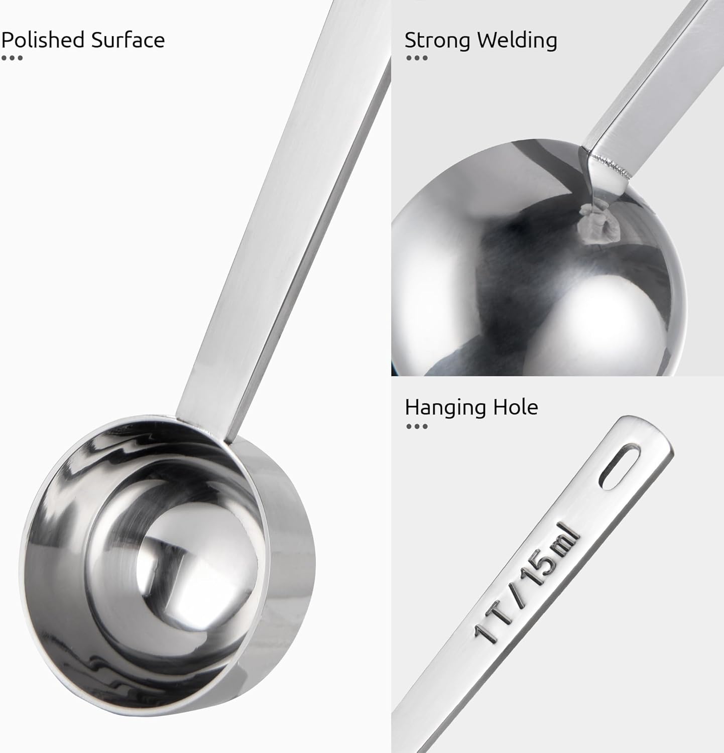 Coffee Scoop 1 Tablespoon: 18/8 Stainless Steel Measuring Scooper for Ground Coffee, Bean, Powder, Espresso, 4.3in Long Handle Metal Measure Spoon for Canister, Jar 1Tbsp/15ml