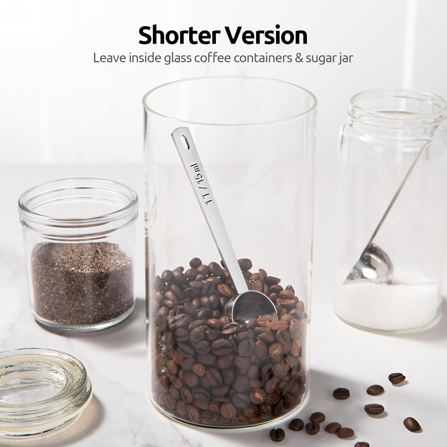 Coffee Scoop 1 Tablespoon: 18/8 Stainless Steel Measuring Scooper for Ground Coffee, Bean, Powder, Espresso, 4.3in Long Handle Metal Measure Spoon for Canister, Jar 1Tbsp/15ml