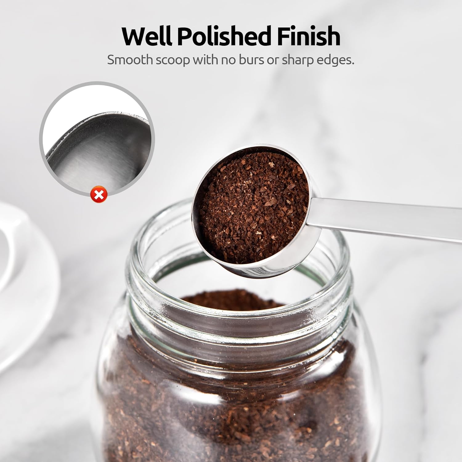Coffee Scoop 1 Tablespoon: 18/8 Stainless Steel Measuring Scooper for Ground Coffee, Bean, Powder, Espresso, 4.3in Long Handle Metal Measure Spoon for Canister, Jar 1Tbsp/15ml