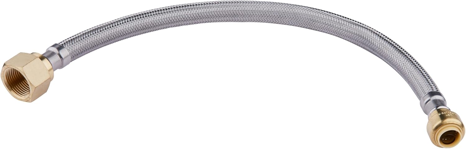 12-inch Length Flexible Connector Push-fit 1/2 inch x 3/4 inch FIP, Push-to-Connect Braided Stainless Steel Water Heater Hose, HOSE030