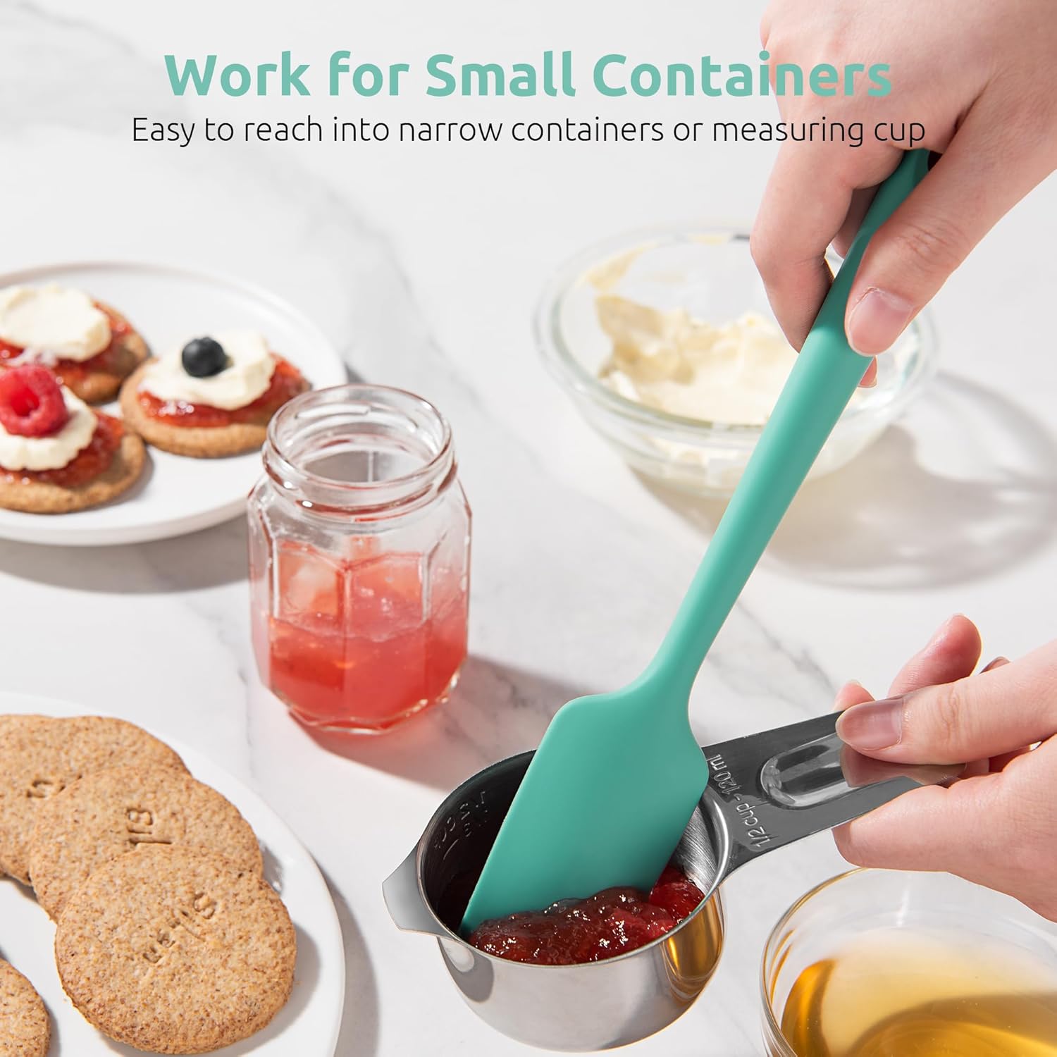 Small Mini Silicone Spatula: 9×2inch 600ºF Heat-Resistant Food-Grade Jar Scraper for Kitchen Use, Non-Stick Seamless Flexible Baking Utensil for Mixing, Scraping Jam in Bowl or Cup Aqua Sky