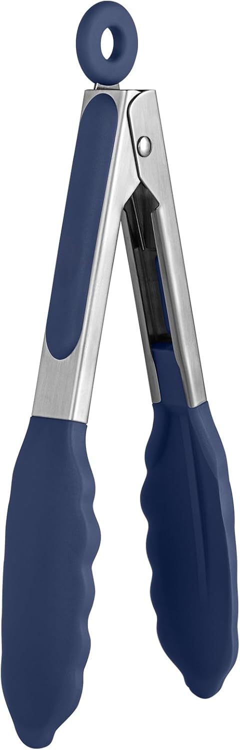 480ºF Heat Proof Kitchen Tong: 7" Silicone Cooking Tong with Firm Sealed Non Stick Rubber Tips & Silicon Coated 18/8 Stainless Steel Handle & Smooth Locking for Serving Salad Midnight Blue