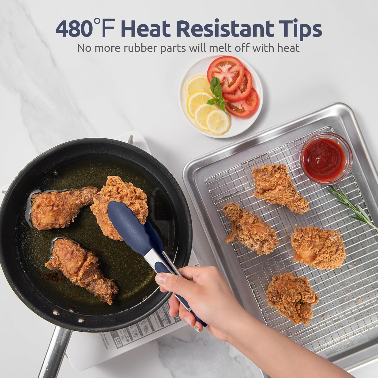 480ºF Heat Proof Kitchen Tong: 7" Silicone Cooking Tong with Firm Sealed Non Stick Rubber Tips & Silicon Coated 18/8 Stainless Steel Handle & Smooth Locking for Serving Salad Midnight Blue