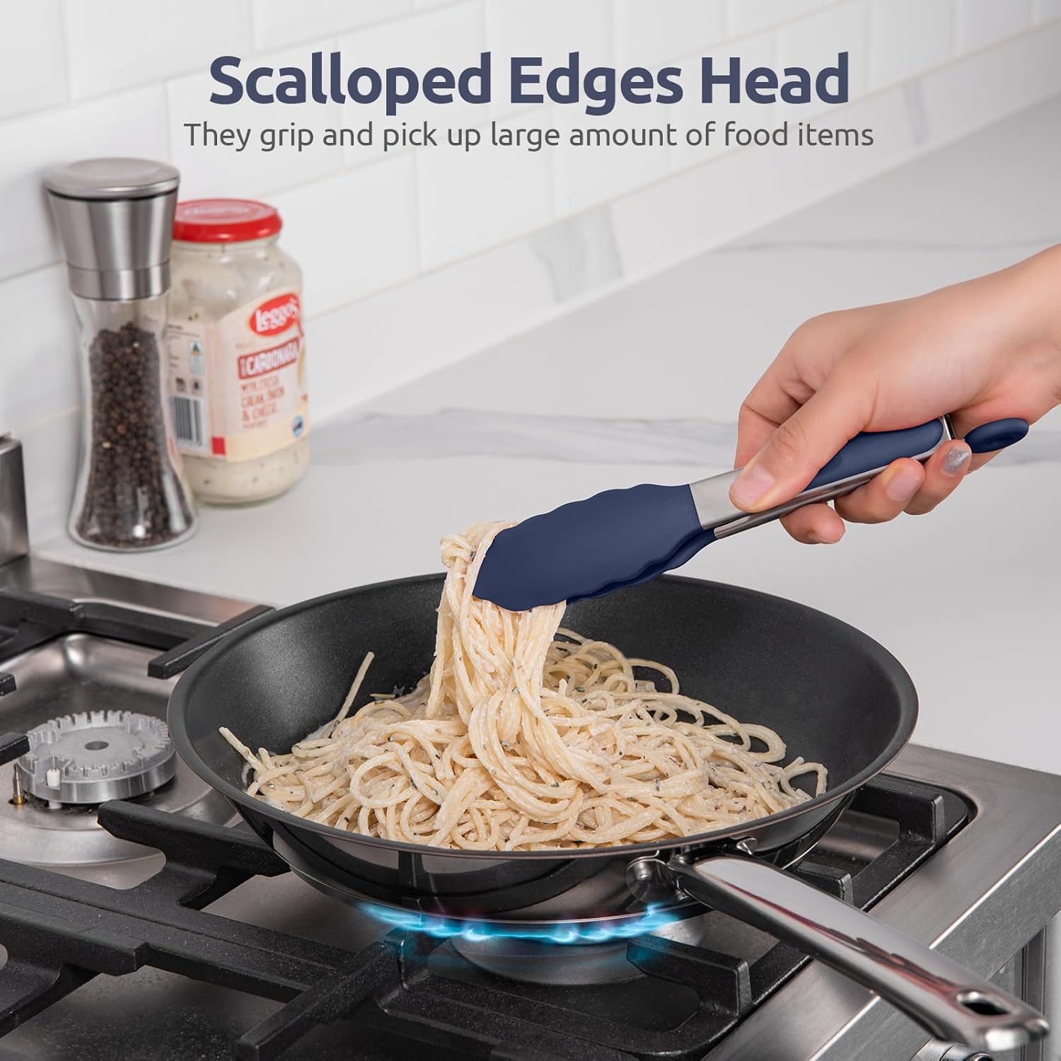 480ºF Heat Proof Kitchen Tong: 7" Silicone Cooking Tong with Firm Sealed Non Stick Rubber Tips & Silicon Coated 18/8 Stainless Steel Handle & Smooth Locking for Serving Salad Midnight Blue