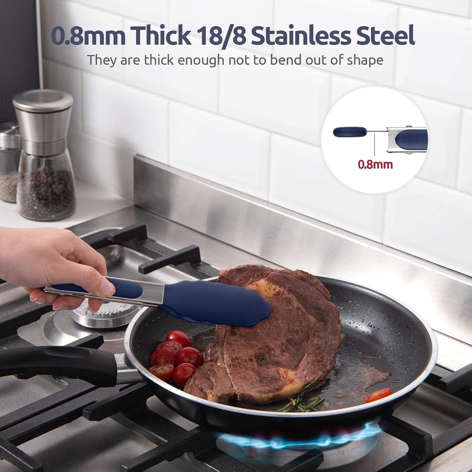 480ºF Heat Proof Kitchen Tong: 7" Silicone Cooking Tong with Firm Sealed Non Stick Rubber Tips & Silicon Coated 18/8 Stainless Steel Handle & Smooth Locking for Serving Salad Midnight Blue