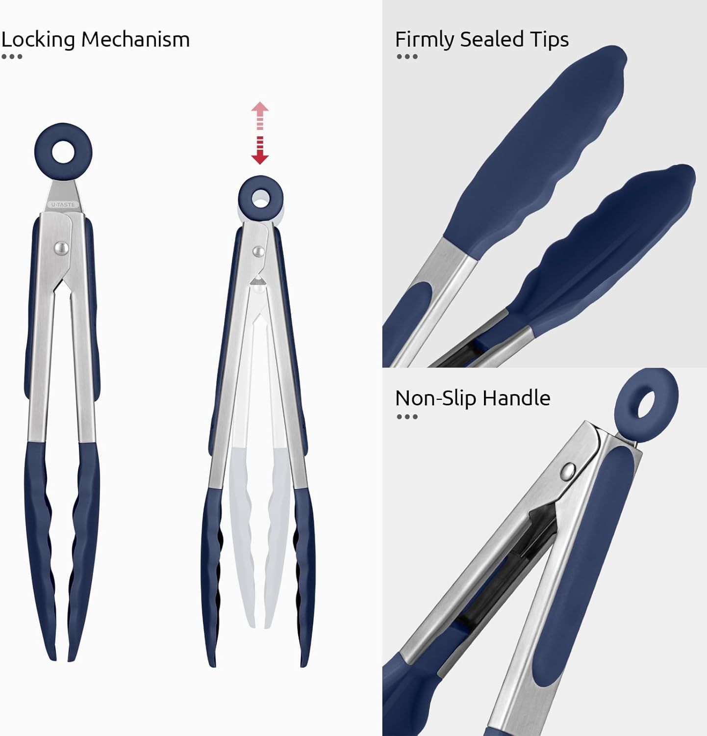 480ºF Heat Proof Kitchen Tong: 7" Silicone Cooking Tong with Firm Sealed Non Stick Rubber Tips & Silicon Coated 18/8 Stainless Steel Handle & Smooth Locking for Serving Salad Midnight Blue