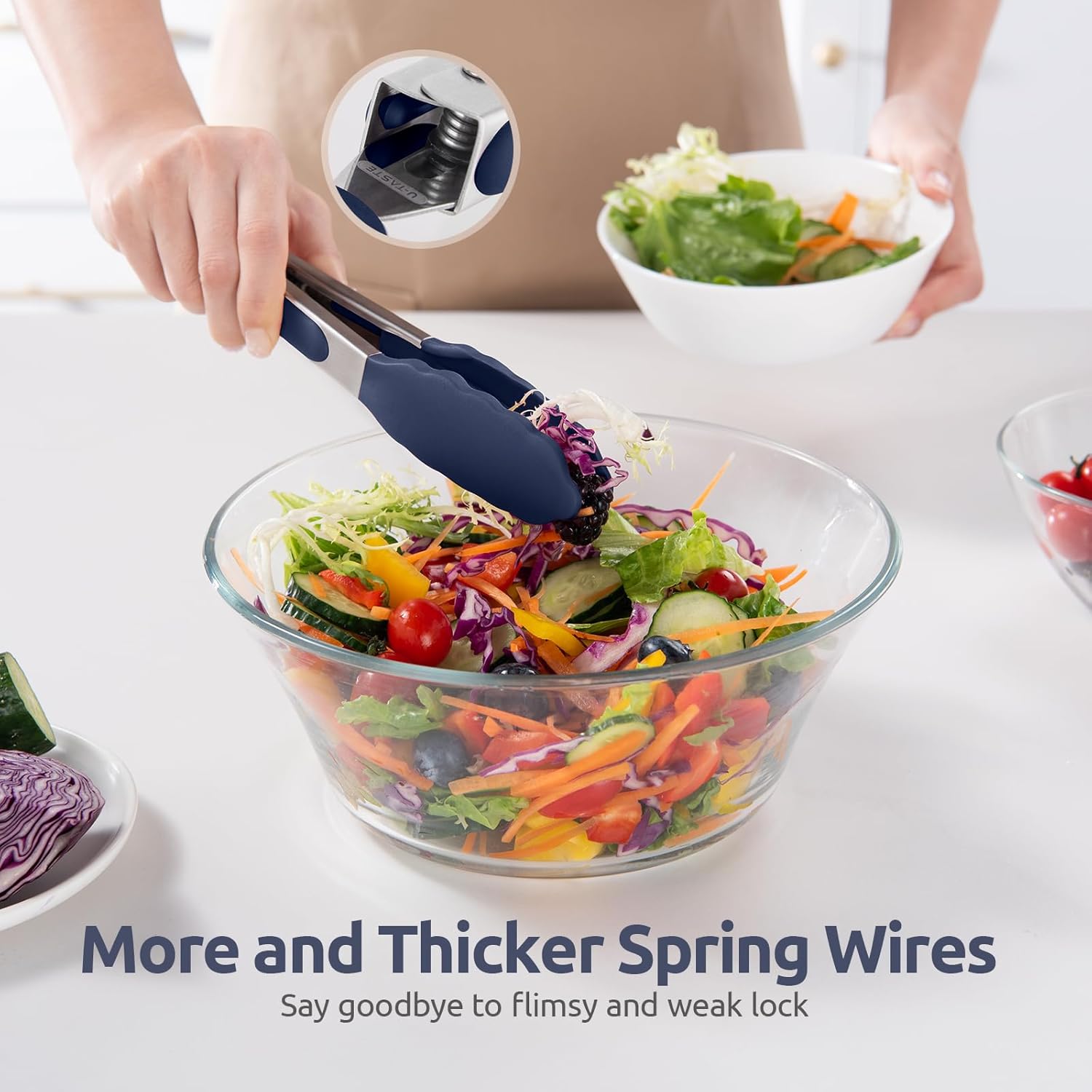 480ºF Heat Proof Kitchen Tong: 7" Silicone Cooking Tong with Firm Sealed Non Stick Rubber Tips & Silicon Coated 18/8 Stainless Steel Handle & Smooth Locking for Serving Salad Midnight Blue