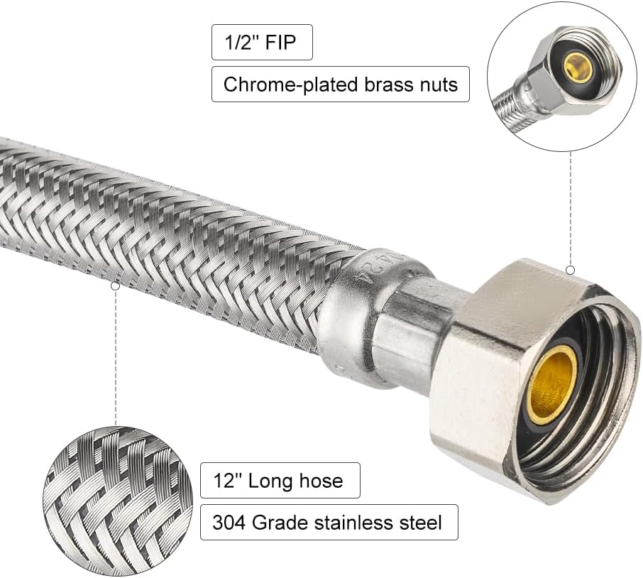2-Pack Faucet Supply Lines, 1/2" FIP x 3/8" COMP Faucet Hose, 12-inch length Stainless Steel Braided Supply Line, HOSE043