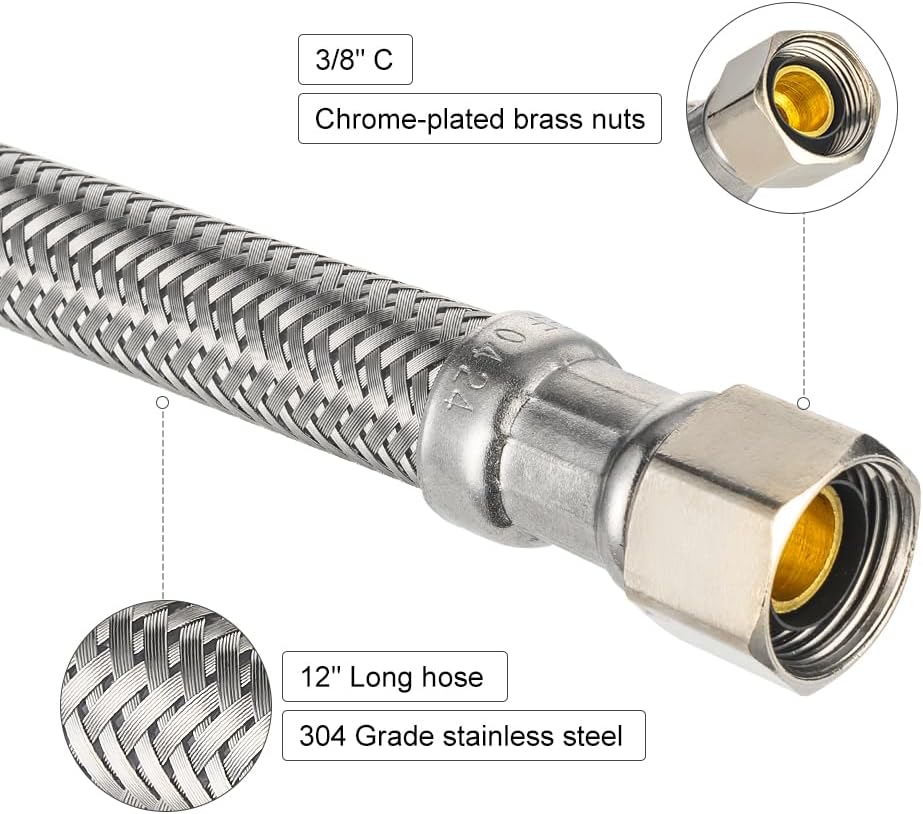 2-Pack Faucet Supply Lines, 1/2" FIP x 3/8" COMP Faucet Hose, 12-inch length Stainless Steel Braided Supply Line, HOSE043