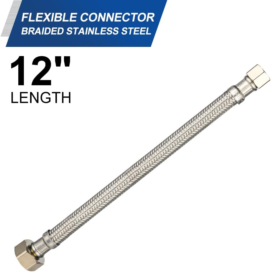 2-Pack Faucet Supply Lines, 1/2" FIP x 3/8" COMP Faucet Hose, 12-inch length Stainless Steel Braided Supply Line, HOSE043