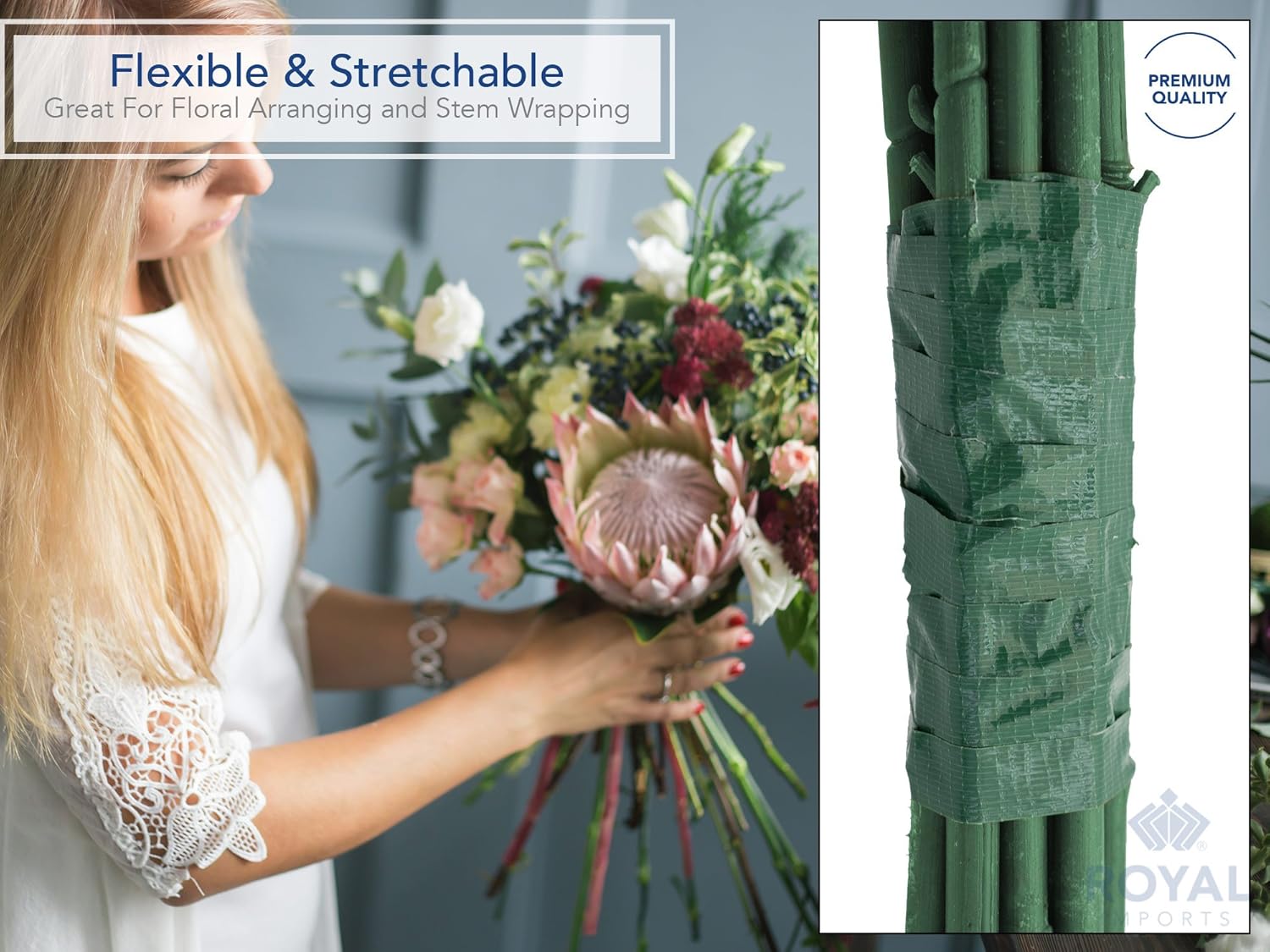 Floral Tape Green, Flower Stem Wrap Adhesive Waterproof Florist Tape for Decorative Bouquets Arranging and Crafts - 0.5" 60 Yd/180Ft - 1 Roll