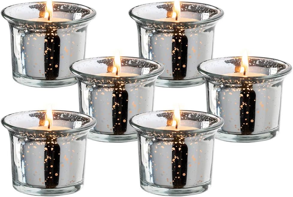 Silver Oyster Mercury Glass Votive Candle Holder, Table Centerpiece Tealight Decoration for Elegant Dinner, Party, Wedding, Holiday, Set of 6 Unfilled