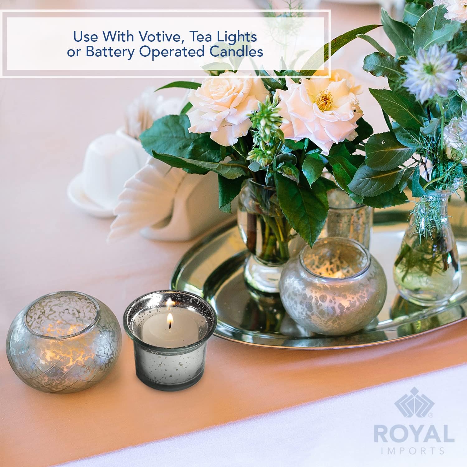 Silver Oyster Mercury Glass Votive Candle Holder, Table Centerpiece Tealight Decoration for Elegant Dinner, Party, Wedding, Holiday, Set of 6 Unfilled