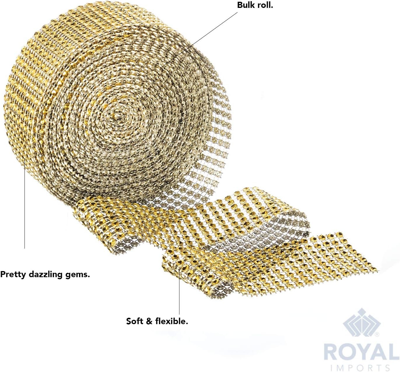 Rhinestone Diamond Bling Wrap Ribbon for Wedding Cake, Party, Holiday & Home Decoration, Gold 8-Rows, 2 Rolls 10 YDS EA.