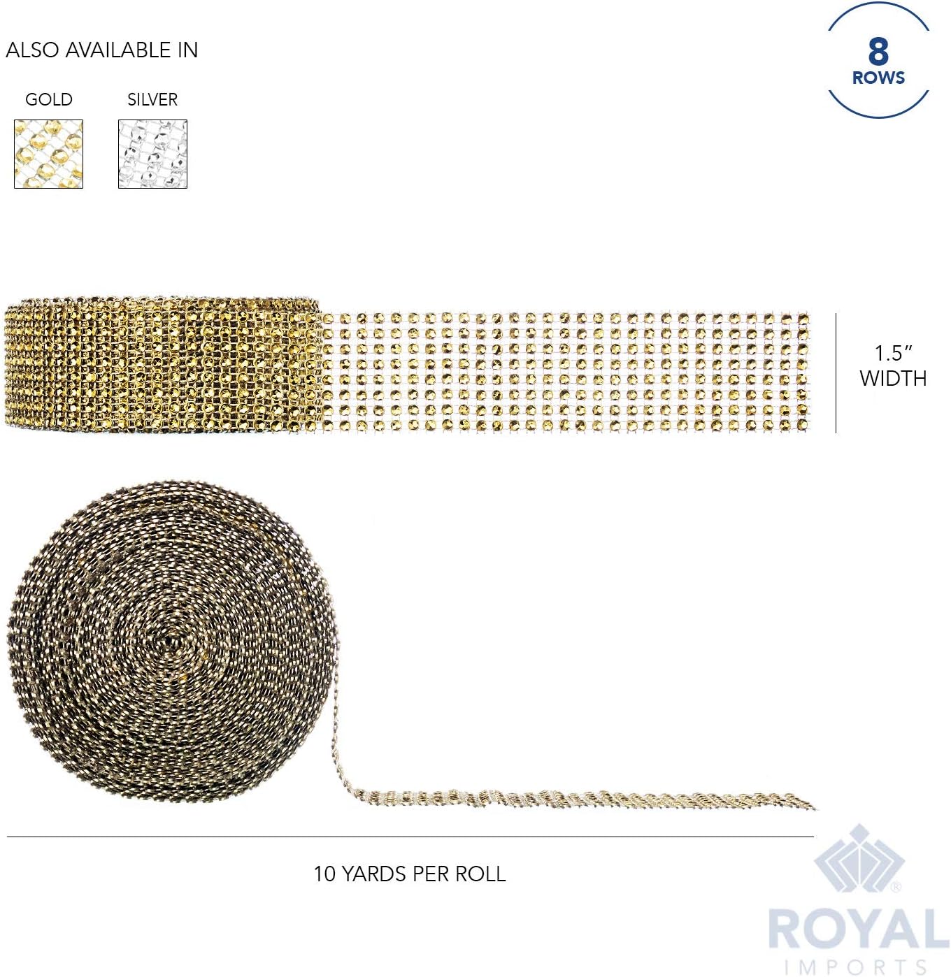 Rhinestone Diamond Bling Wrap Ribbon for Wedding Cake, Party, Holiday & Home Decoration, Gold 8-Rows, 2 Rolls 10 YDS EA.