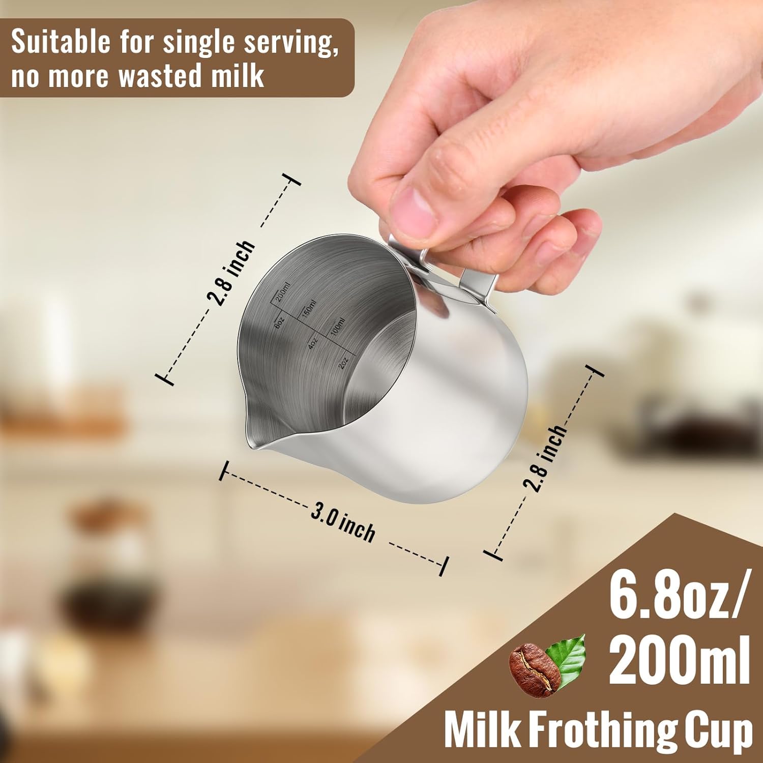 Milk Frothing Pitcher, 6.8oz/200ml Stainless Steel Milk Frother Cup, Small Steaming Pitcher for Espresso Machine, Latte Art Pour Cup