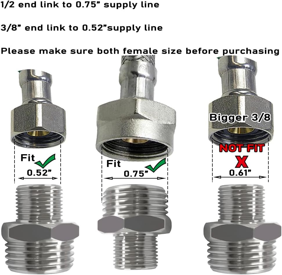 Brass Water Line Adapter 1/2" Female to 3/8" Male Reducer Hose Pipe Compression Fitting Kitchen Bathroom Faucet Supply Hose, Stop Valve Adapter, Pipe Connector With Rubber Washer Pack of 4
