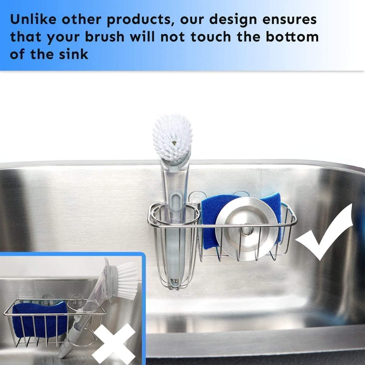 3-in-1 Sponge Holder for Kitchen Sink with Dish Brush Holder, Stainless Steel Caddy for Soap, Scrubber, No Drill and Rustproof, Silver