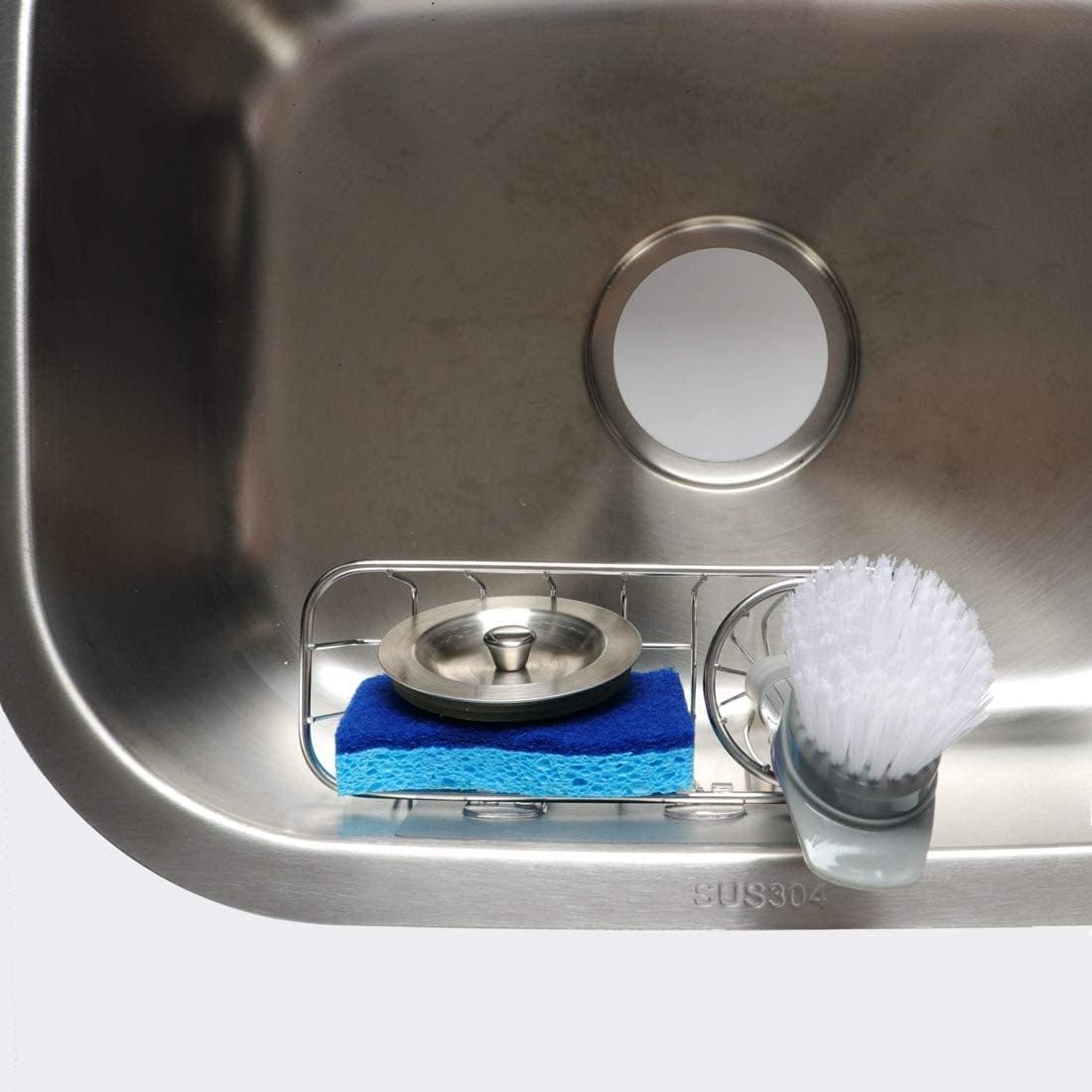 3-in-1 Sponge Holder for Kitchen Sink with Dish Brush Holder, Stainless Steel Caddy for Soap, Scrubber, No Drill and Rustproof, Silver
