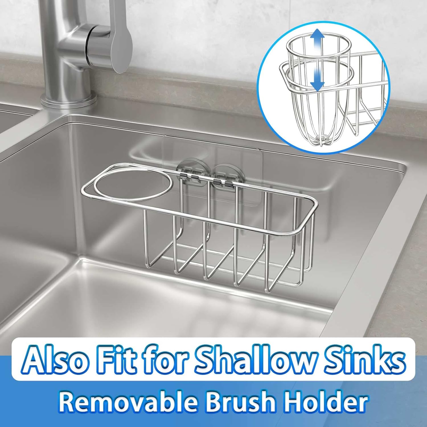 3-in-1 Sponge Holder for Kitchen Sink with Dish Brush Holder, Stainless Steel Caddy for Soap, Scrubber, No Drill and Rustproof, Silver