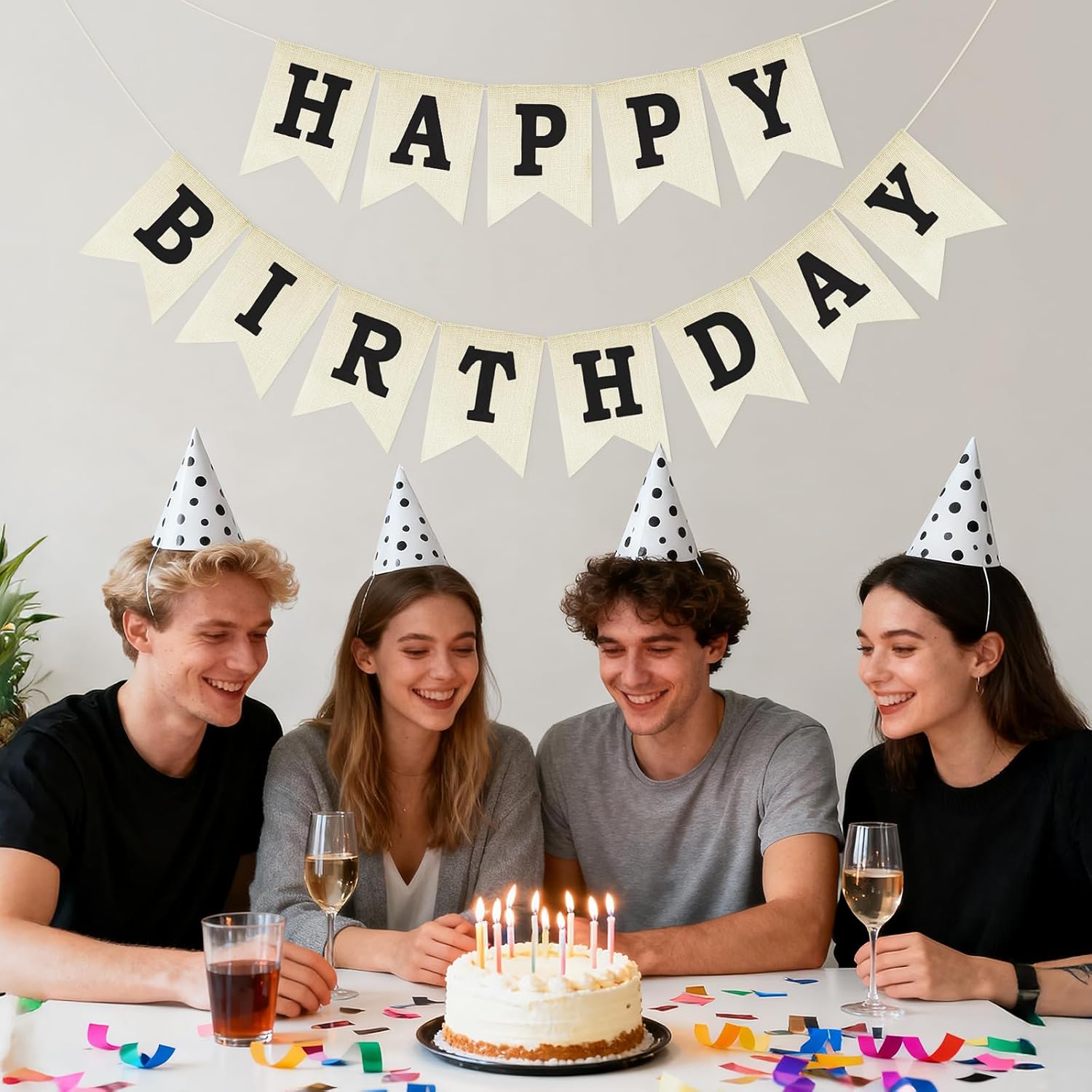 Happy Birthday Banner - NO DIY Black Burlap Happy Birthday Banner Sign Happy Birthdays Party Decoration Happy Birthdays Banners Bunting for Women Men Girl Boy Celebration Party Backdrops