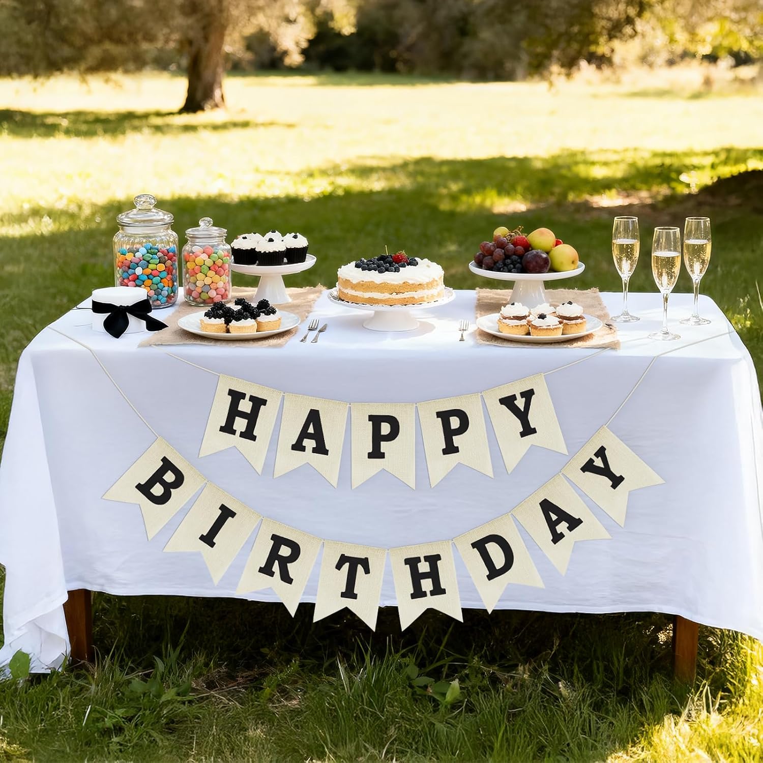 Happy Birthday Banner - NO DIY Black Burlap Happy Birthday Banner Sign Happy Birthdays Party Decoration Happy Birthdays Banners Bunting for Women Men Girl Boy Celebration Party Backdrops