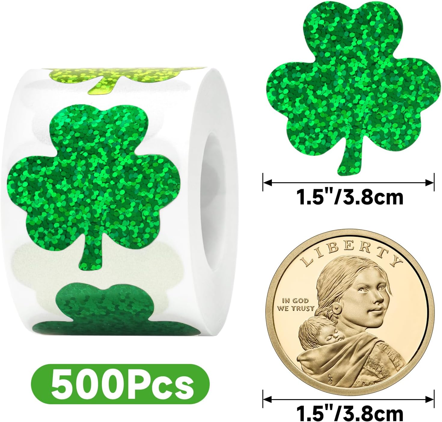 St.Patrick's Day Shamrock Stickers - 500Pcs 1.5'' Laser Shamrock Shape Stickers Roll Self Adhesive Holographic Green Irish Lucky Clover Sticker for Envelope Seal Card St.Patrick's Day 3 Color