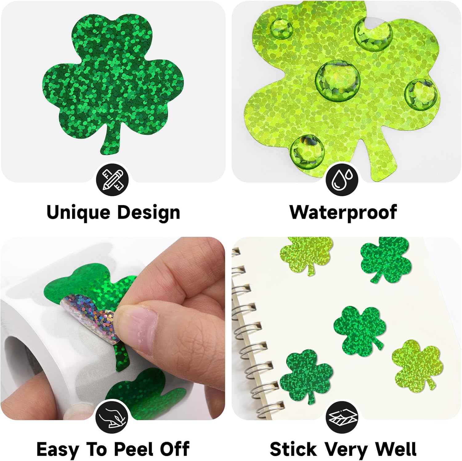 St.Patrick's Day Shamrock Stickers - 500Pcs 1.5'' Laser Shamrock Shape Stickers Roll Self Adhesive Holographic Green Irish Lucky Clover Sticker for Envelope Seal Card St.Patrick's Day 3 Color