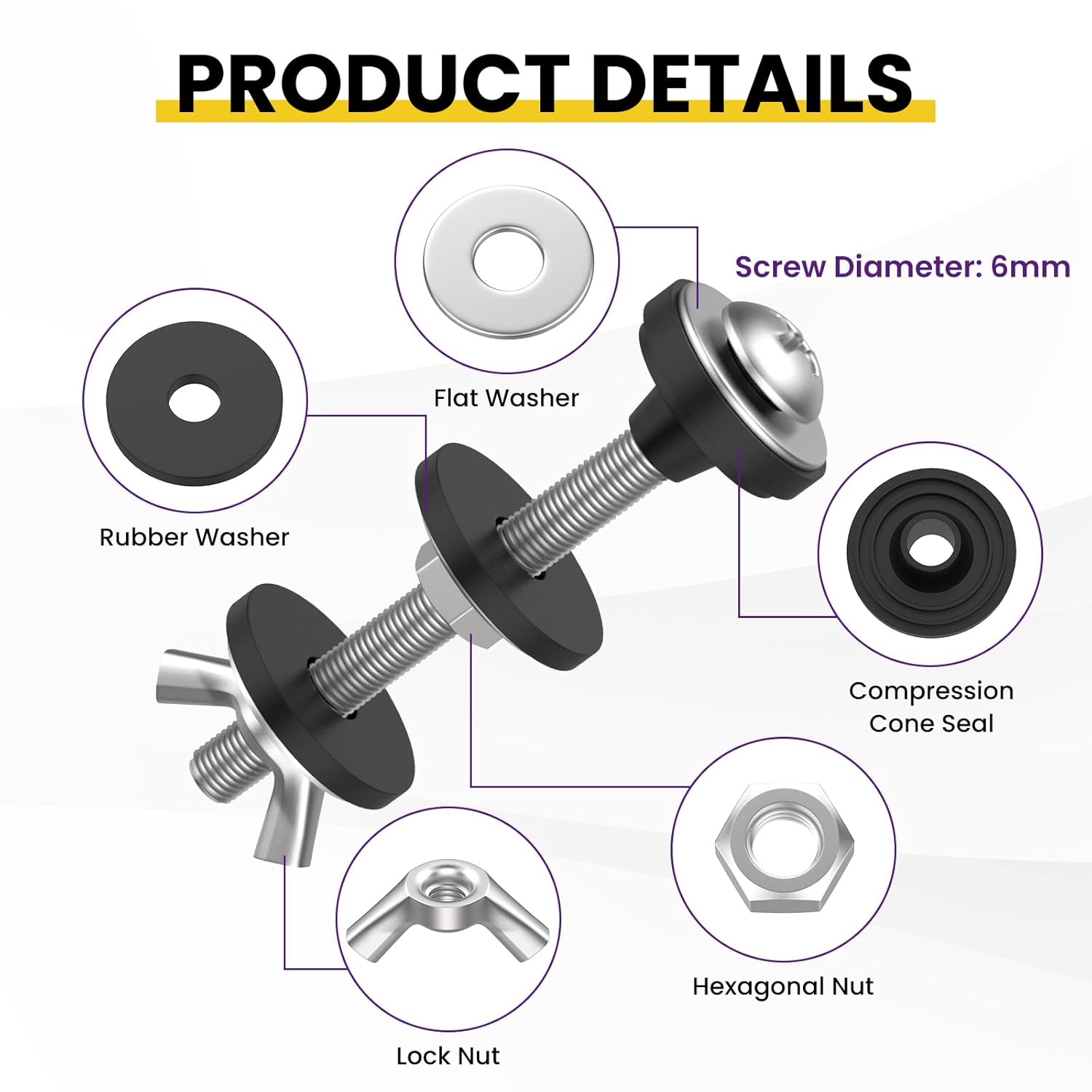 4 Pcs Universal Toilet Tank to Bowl Bolts Kit, Heavy Duty Stainless Steel Toilet Tank Bolts with Stainless and Rubber Washers Gasket for Toilet Mounting and Repair