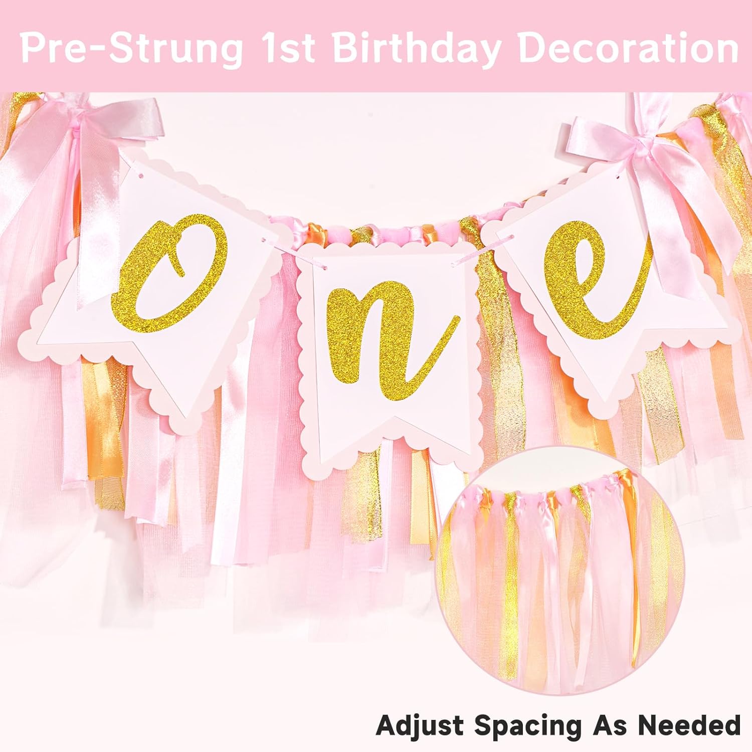 1st Highchair Banner Birthday Girl - NO DIY First Birthday Highchair Banner Pink One Year Old Birthdays Party Decoration 1st Highchair Garland Decoration for Princess Fairy Baby Photo Prop Party Decor