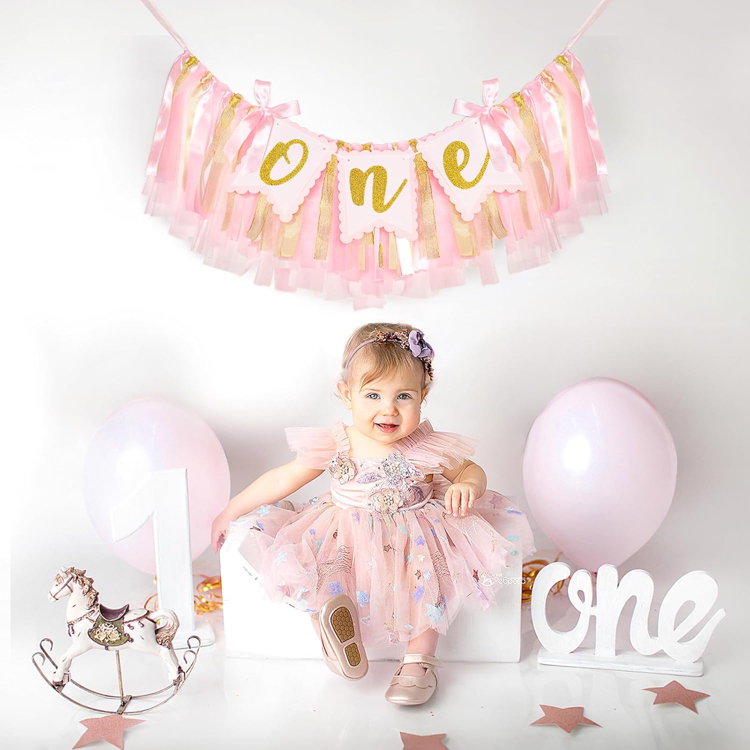 1st Highchair Banner Birthday Girl - NO DIY First Birthday Highchair Banner Pink One Year Old Birthdays Party Decoration 1st Highchair Garland Decoration for Princess Fairy Baby Photo Prop Party Decor