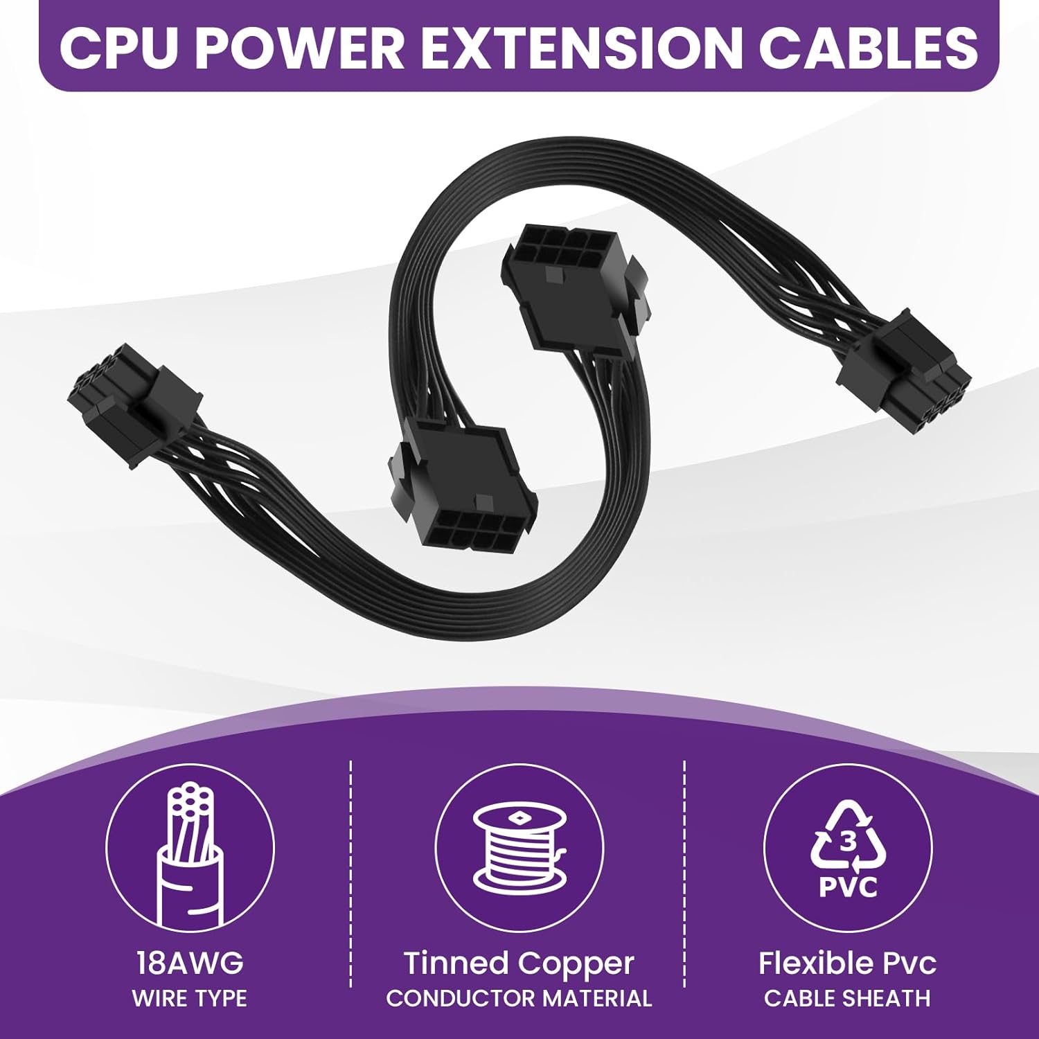 2 Pack CPU 8 Pin ATX Power Extension Cable, EPS 8 PIN Male 4+4 to 8 PIN Female Power Extension Cable for Motherboard, 9 Inch