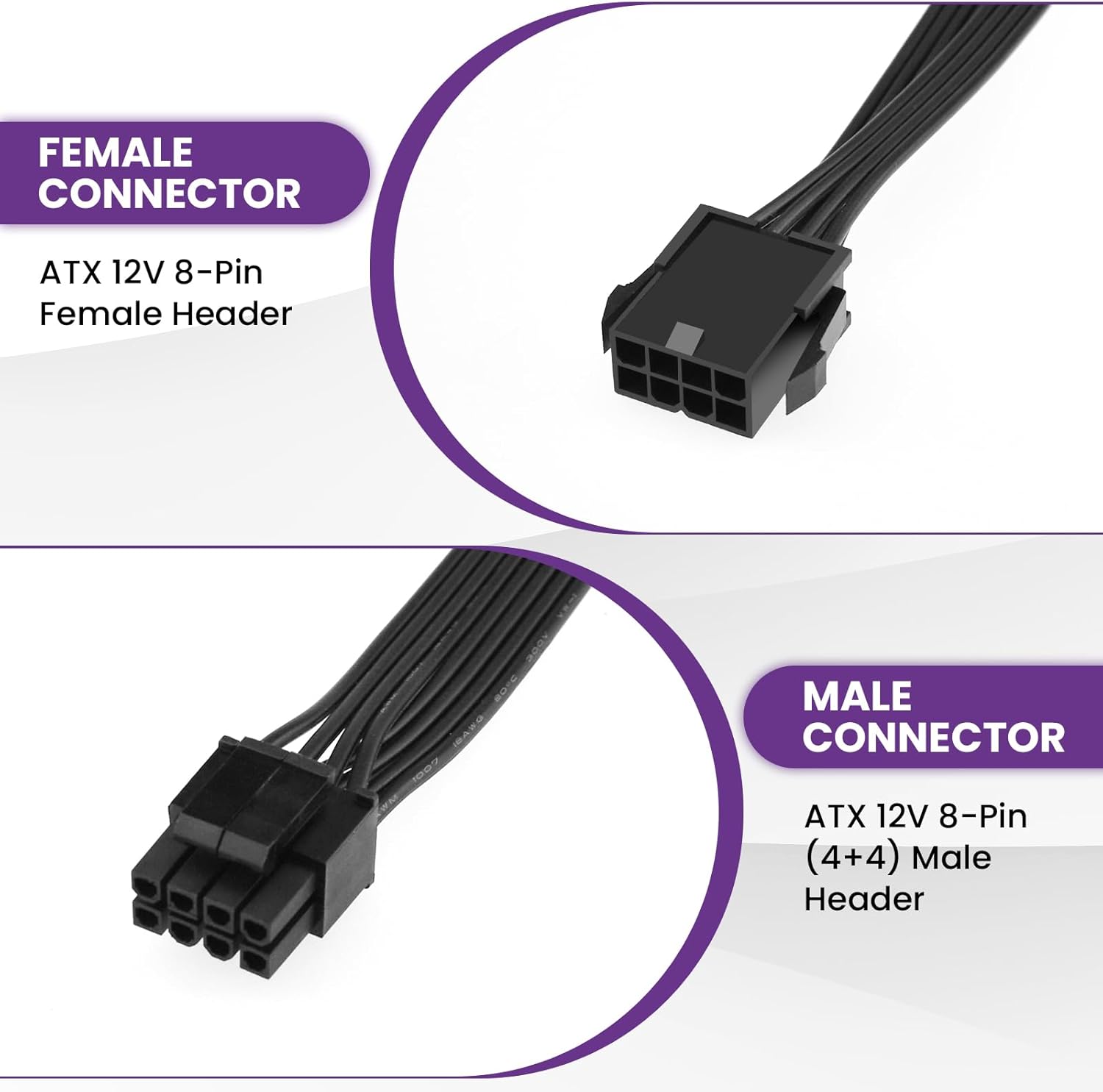 2 Pack CPU 8 Pin ATX Power Extension Cable, EPS 8 PIN Male 4+4 to 8 PIN Female Power Extension Cable for Motherboard, 9 Inch