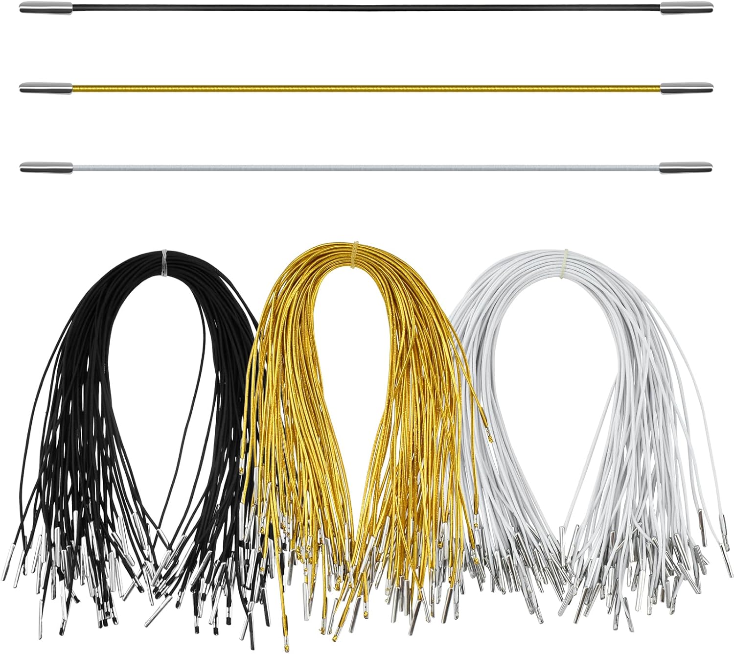150Pcs 11.8 Inch Elastic Barbed Cords with Metal Ends, 3-Color Black/White/Gold Soft Stretch Round Loop String, Versatile for Mask Making, DIY Crafts, Party Hats