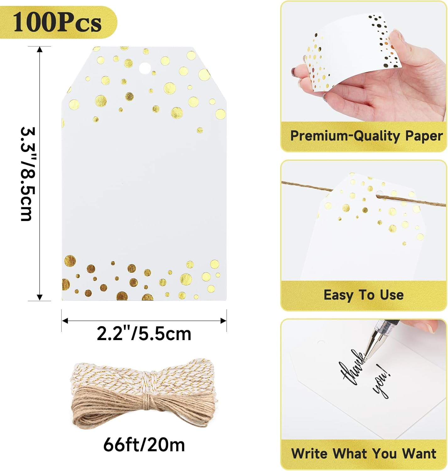 Gift Tags with String - 100Pcs Gold Foil Metallic Confetti Polka Dot Gift Bag Tags Personalized White Blank Hang Paper Label Tag for Birthday Party Bridal Shower Wedding Christmas Favor Present
