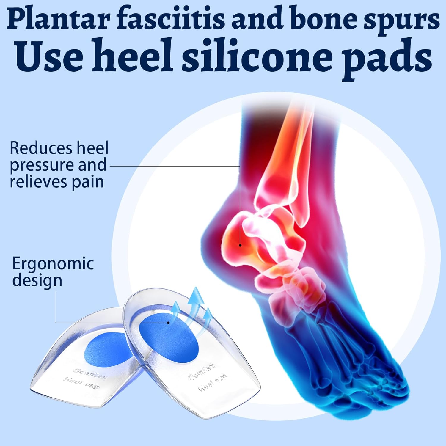 3 Pair Gel Heel Cups Plantar Fasciitis Inserts - Silicone Gel Heel Pads for Heel Pain, Bone Spur & Achilles Pain, Gel Heel Cushions and Cups, Pad & Shock Absorbing Support