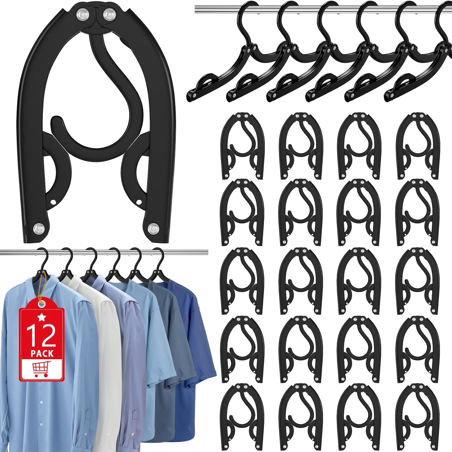 12 Pcs Portable Travel Hangers for Cruise Ship Essentials 2026, Plastic Folding Foldable Hangers Clothes Drying Rack Travel Accessories for Suitcase, RV, Camping, Flying, Hotel, Road Trip Black